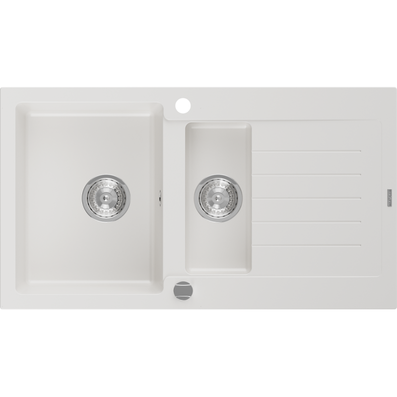 Mexen Matias lavello in granito 1,5 vasche con sgocciolatoio 900 x 505 mm, bianco, sifone cromato - 6502901505-20