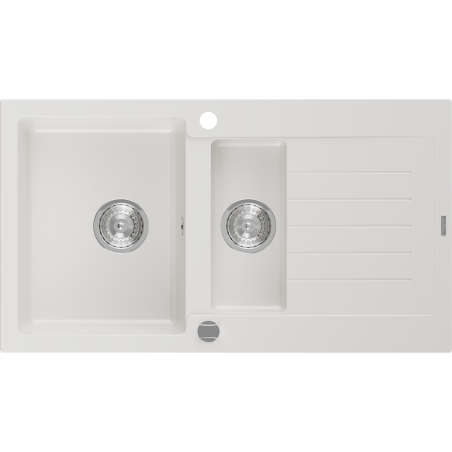Mexen Matias 1,5-komoren granieten gootsteen met afdruiprek 900 x 505 mm, wit, chroom sifon - 6502901505-20