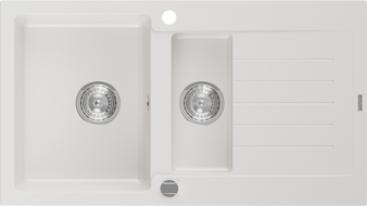 Mexen Matias lavello in granito 1,5 vasche con sgocciolatoio 900 x 505 mm, bianco, sifone cromato - 6502901505-20