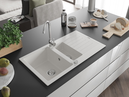 Mexen Matias granieten spoelbak 1,5-komors met afdruiprek 900 x 505 mm, wit, sifon chroom - 6502901505-20