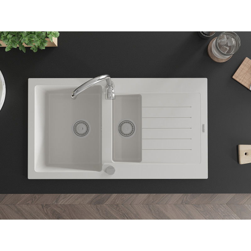 Mexen Matias lavello in granito 1,5 vasche con sgocciolatoio 900 x 505 mm, bianco, sifone cromato - 6502901505-20