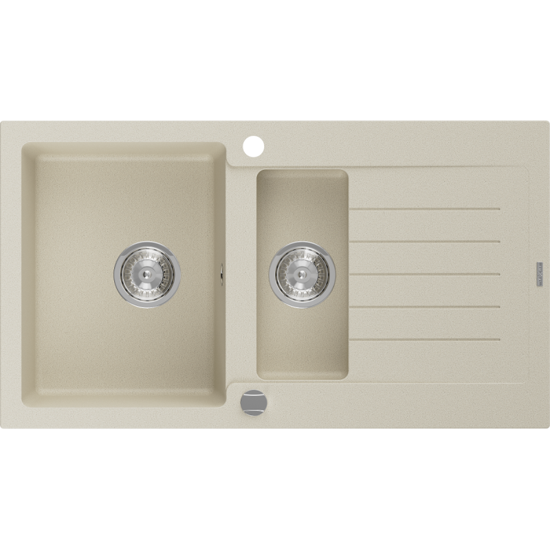 Mexen Matias lavello in granito 1,5 vasche con gocciolatoio 900 x 505 mm, beige, sifone cromato - 6502901505-69