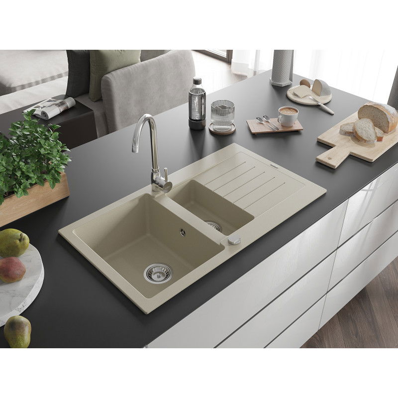 Mexen Matias lavello in granito 1,5 vasche con gocciolatoio 900 x 505 mm, beige, sifone cromato - 6502901505-69