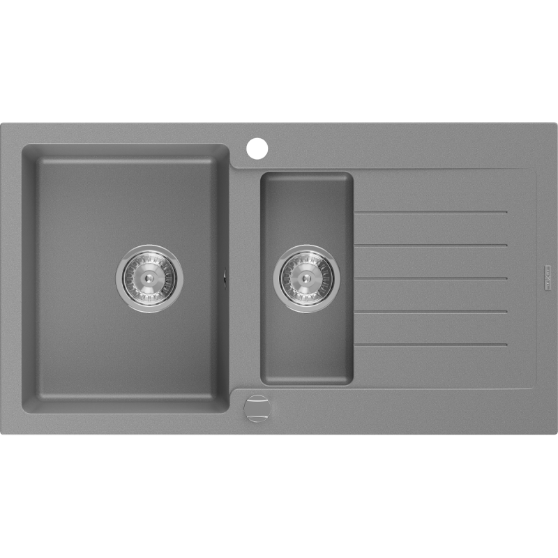 Mexen Matias évier en granit 1,5 bac avec égouttoir 900 x 505 mm, gris, siphon chromé - 6502901505-71