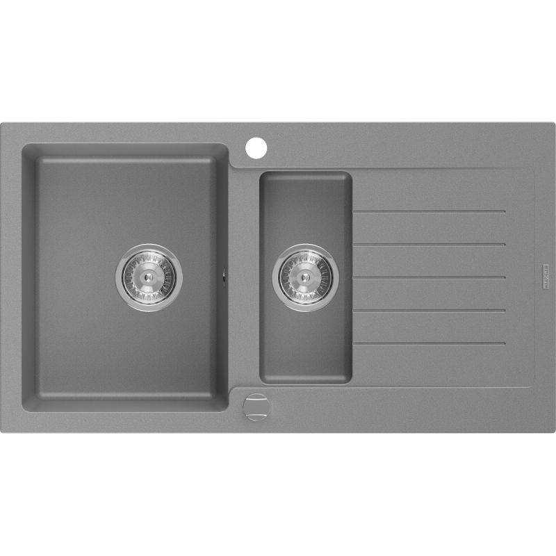 Mexen Matias granieten gootsteen 1,5-kamer met afdruiprek 900 x 505 mm, grijs, chroom sifon - 6502901505-71