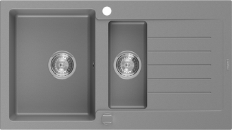 Mexen Matias granieten gootsteen 1,5-kamer met afdruiprek 900 x 505 mm, grijs, chroom sifon - 6502901505-71