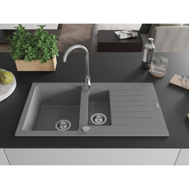 Mexen Matias granit gootsteen 1,5-komoren met druiprek 900 x 505 mm, grijs, chrom sifon - 6502901505-71