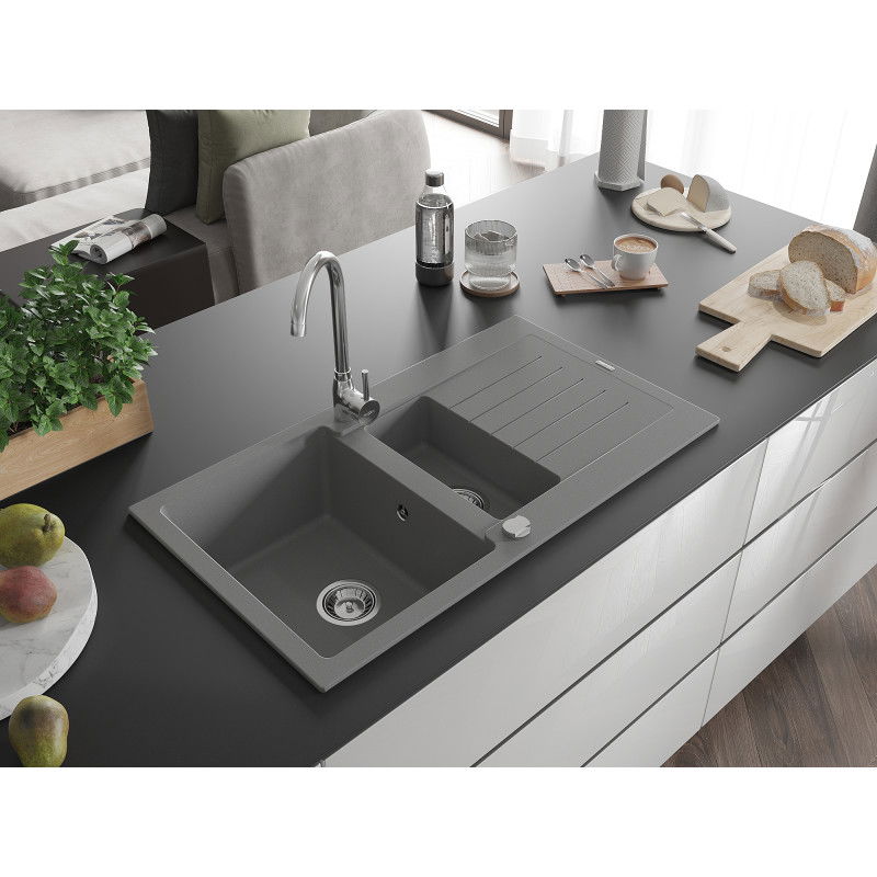 Mexen Matias granite sink 1.5-bowl with drainer 900 x 505 mm, grey, chrome siphon - 6502901505-71