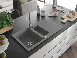 Mexen Matias granieten gootsteen 1,5-kamer met afdruiprek 900 x 505 mm, grijs, chroom sifon - 6502901505-71
