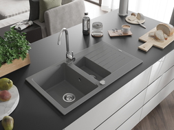 Mexen Matias Granitspüle 1,5-Becken mit Abtropffläche 900 x 505 mm, grau, Siphon Chrom - 6502901505-71