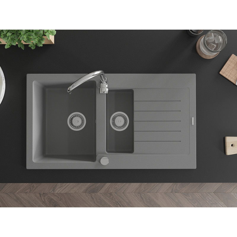 Mexen Matias lavello in granito 1,5 vasche con sgocciolatoio 900 x 505 mm, grigio, sifone cromato - 6502901505-71