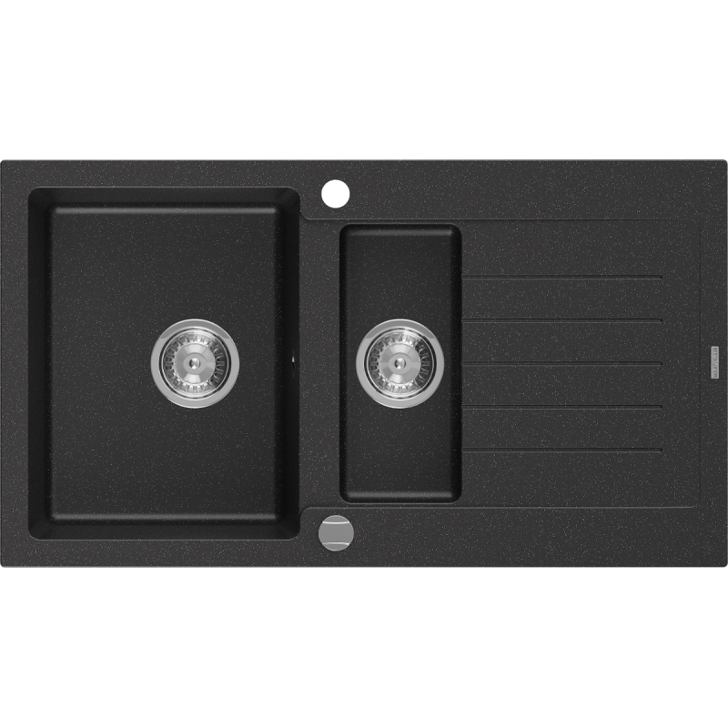 Mexen Matias fregadero de granito de 1,5 senos con escurridor 900 x 505 mm, negro/plata metálica, sifón cromo - 6502901505-73