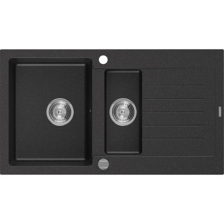 Mexen Matias fregadero de granito de 1,5 senos con escurridor 900 x 505 mm, negro/plata metálica, sifón cromo - 6502901505-73