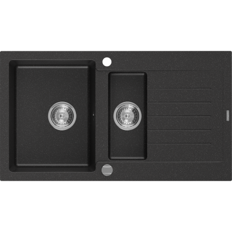 Mexen Matias granitā izlietne ar 1,5 tvertni un notekpaplāti 900 x 505 mm, melna/sudraba metāliks, hroma sifons - 6502901505-73