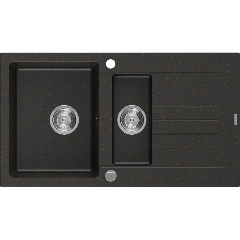 Mexen Matias fregadero de granito 1,5 senos con escurridor 900 x 505 mm, negro/dorado metálico, sifón cromo - 6502901505-75