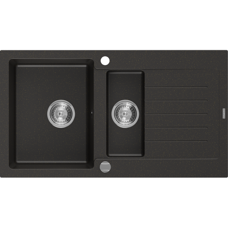 Mexen Matias lavello in granito a 1,5 vasche con scolapiatti 900 x 505 mm, nero/oro metallizzato, sifone cromato - 6502901505-75