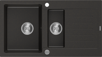 Mexen Matias lava-loiça em granito de 1,5 bacias com escorredor 900 x 505 mm, preto/dourado metálico, sifão cromado