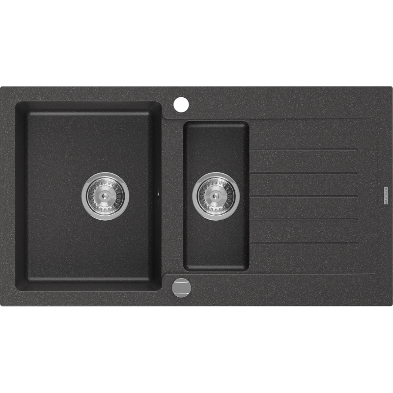 Mexen Matias fregadero de granito 1,5-cubetas con escurridor 900 x 505 mm, negro jaspeado, sifón cromado - 6502901505-76