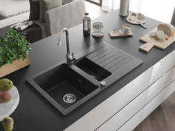 Mexen Matias granite sink 1.5-bowl with drainer 900 x 505 mm, black speckled, chrome siphon - 6502901505-76