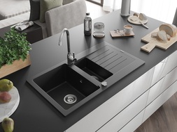Mexen Matias granieten gootsteen 1,5-komor met afdruiprek 900 x 505 mm, zwart, sifon chroom - 6502901505-77