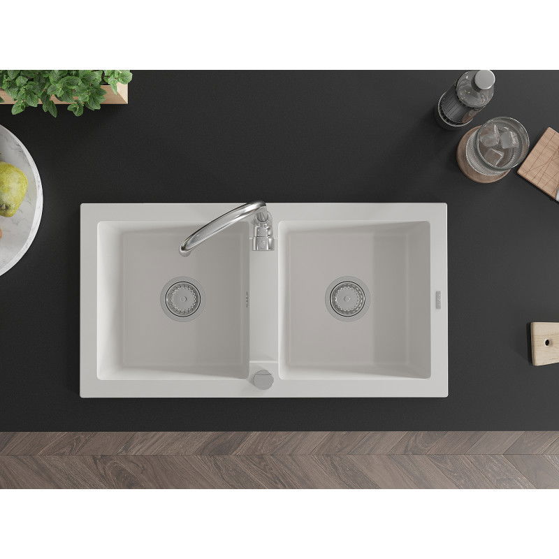 Mexen Mario Granitspüle 2-Kammer 820 x 436 mm, weiß, Chrom-Siphon - 6504822000-20