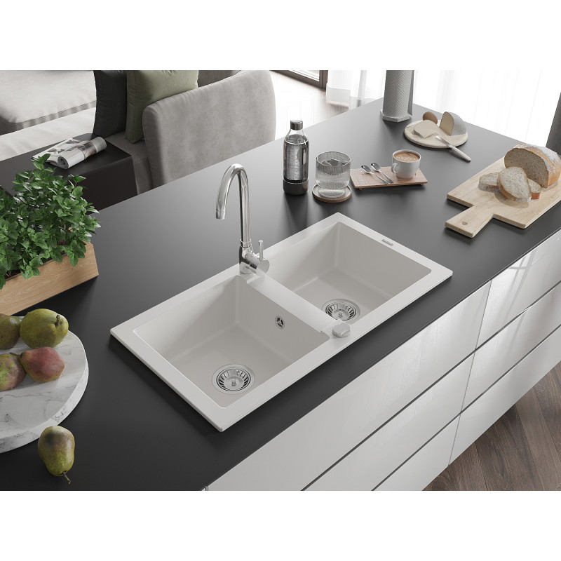 Mexen Mario granitenspoelbak 2-kamer 820 x 436 mm, wit, sifon chroom - 6504822000-20