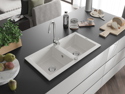 Mexen Mario Granitspüle 2-Kammer 820 x 436 mm, weiß, Chrom-Siphon - 6504822000-20