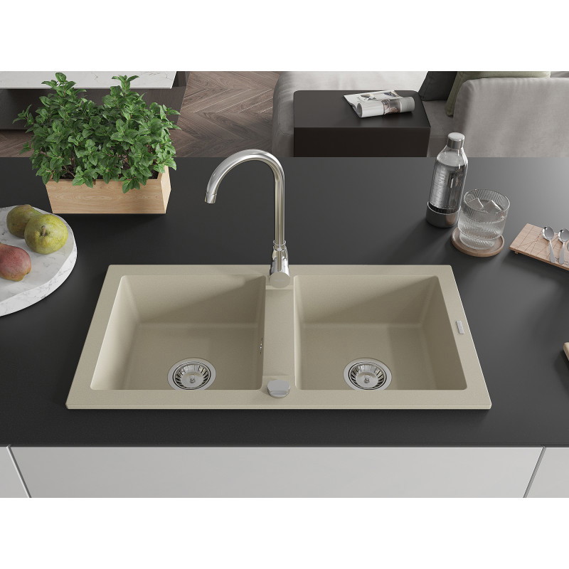 Mexen Mario granitische spoelbak 2-kamer 820 x 436 mm, beige, chrom sifon - 6504822000-69