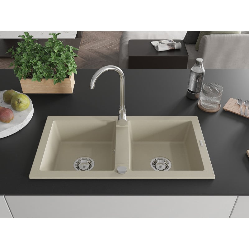Mexen Mario Granitspüle 2-Kammern 820 x 436 mm, beige, Siphon Chrom - 6504822000-69