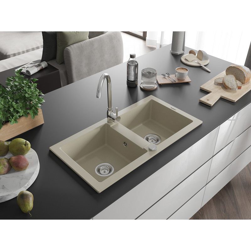 Mexen Mario évier en granit à double bac 820 x 436 mm, beige, siphon chromé - 6504822000-69