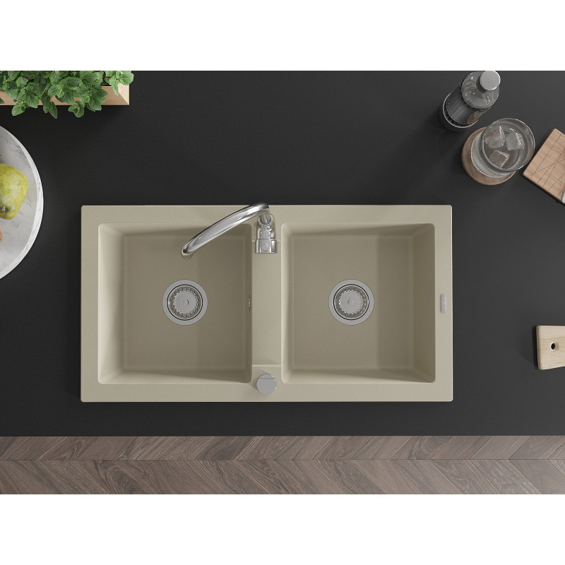 Mexen Mario évier en granit à double bac 820 x 436 mm, beige, siphon chromé - 6504822000-69