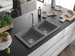 Mexen Mario Granitspüle 2-Kammer 820 x 436 mm, grau, Siphon Chrom - 6504822000-71