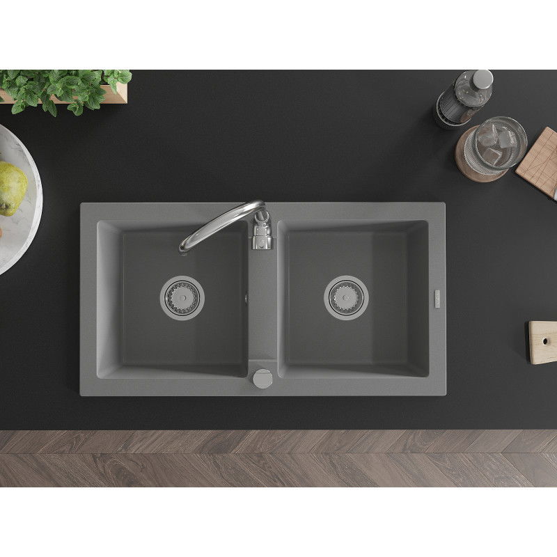 Mexen Mario granitno pomivalno korito z dvema prekati 820 x 436 mm, sivo, kromiran sifon - 6504822000-71