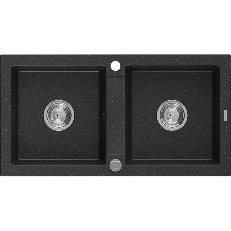 Mexen Mario 2-Kammer Granitspüle 820 x 436 mm, schwarz/silber metallic, Chromsiphon - 6504822000-73