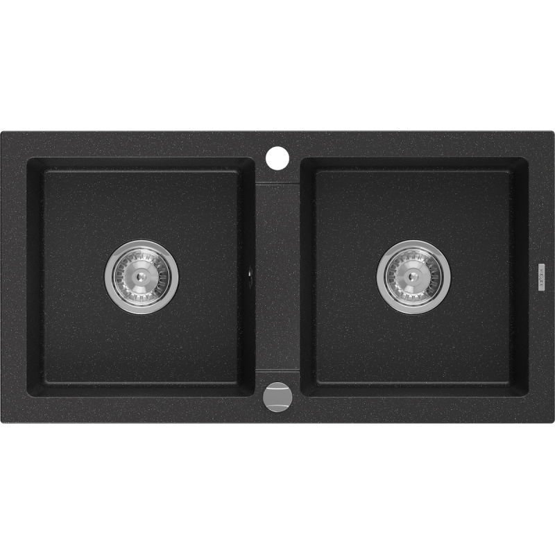 Mexen Mario fregadero de granito de 2 senos 820 x 436 mm, negro/plateado metálico, sifón cromado - 6504822000-73