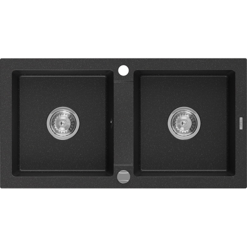 Mexen Mario granit sink double-bowl 820 x 436 mm, black/silver metallic, chrome siphon - 6504822000-73