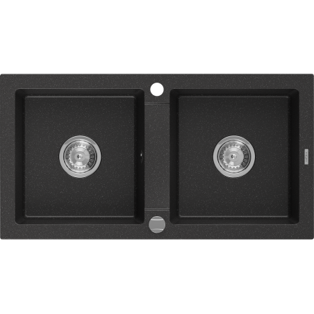 Mexen Mario granite sink 2-bowl 820 x 436 mm, black/silver metallic, chrome siphon - 6504822000-73