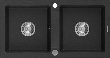 Mexen Mario Granitspüle 2-Kammer 820 x 436 mm, schwarz/silber metallic, Siphon chrom - 6504822000-73