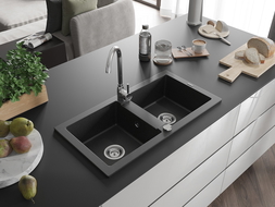 Mexen Mario évier en granit 2 bacs 820 x 436 mm, noir/argent métallique, siphon chromé - 6504822000-73