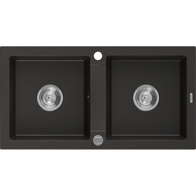 Mexen Mario fregadero de granito de 2 senos 820 x 436 mm, negro/oro metálico, sifón cromo - 6504822000-75