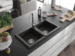 Mexen Mario granite sink 2-chamber 820 x 436 mm, black/gold metallic, chrome siphon - 6504822000-75