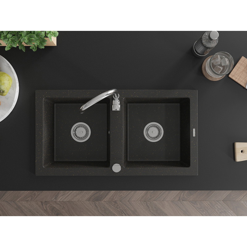 Mexen Mario 2-kamer granieten spoelbak 820 x 436 mm, zwart/goud metallic, chrom sifon - 6504822000-75