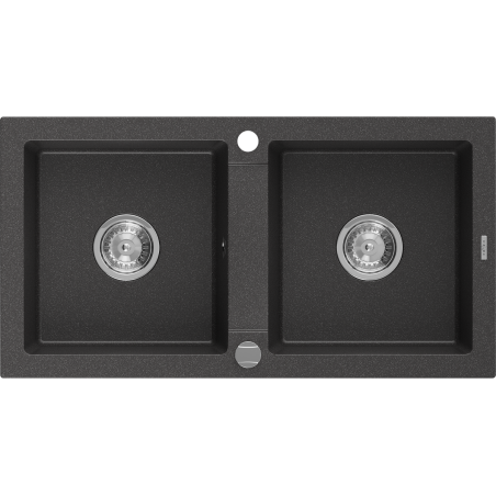 Mexen Mario granite sink 2-bowl 820 x 436 mm, black speckled, chrome siphon - 6504822000-76