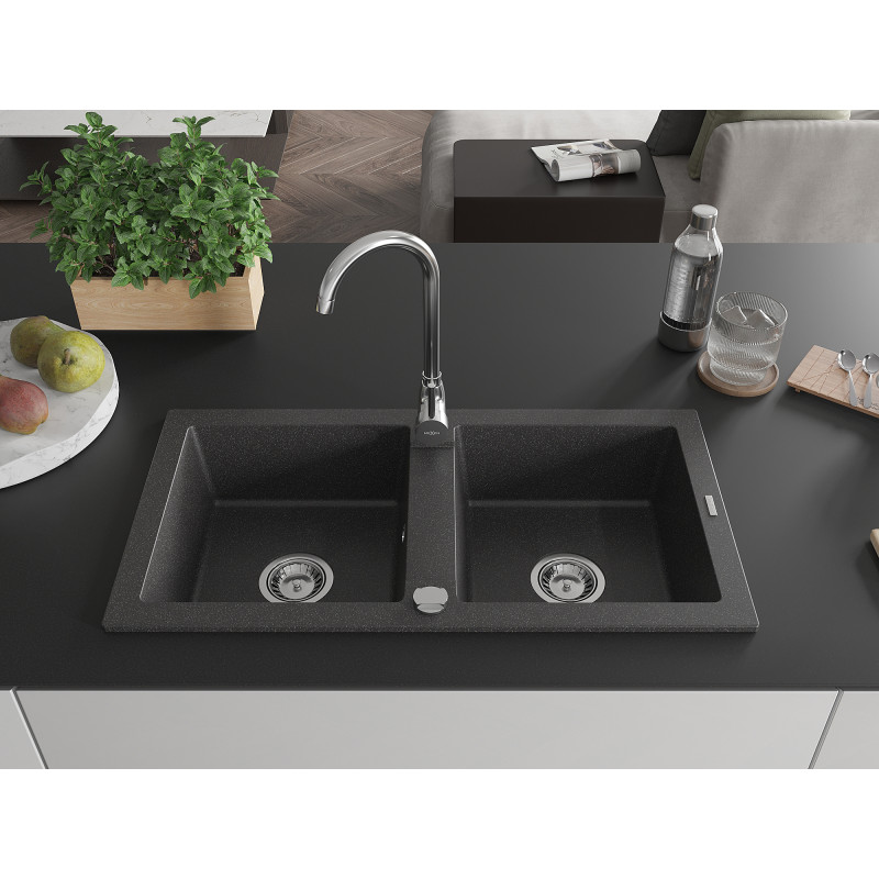 Mexen Mario granitische gootsteen 2-kamer 820 x 436 mm, zwart gespikkeld, chroom sifon - 6504822000-76