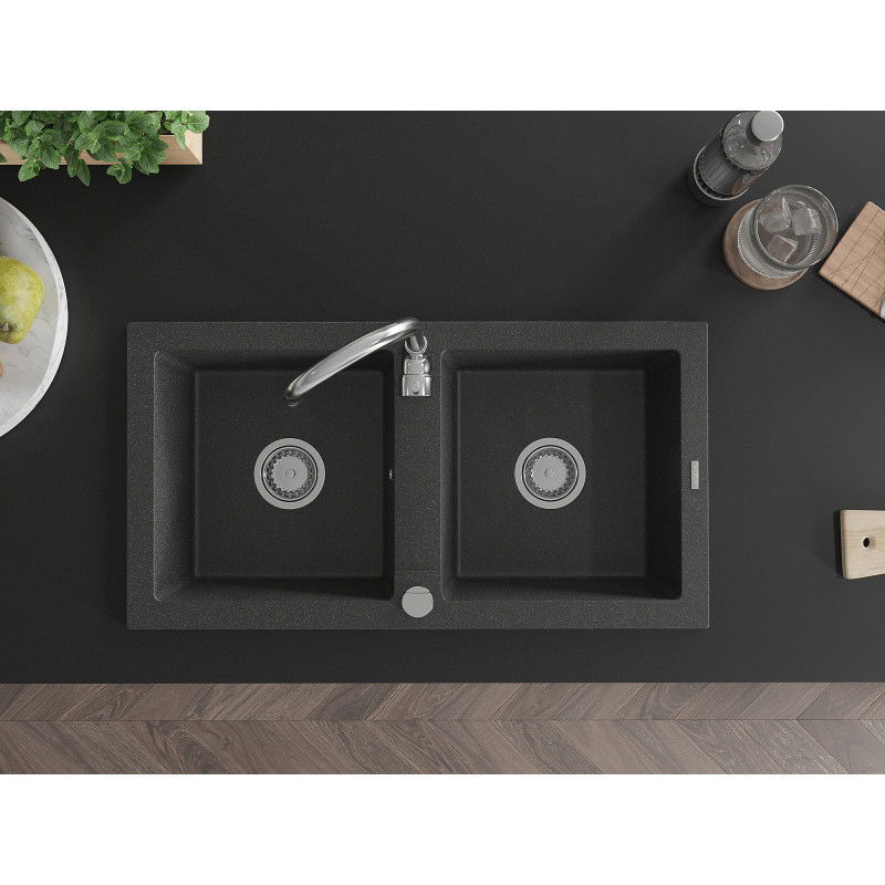 Mexen Mario fregadero de granito de 2 compartimentos 820 x 436 mm, negro moteado, sifón cromado - 6504822000-76
