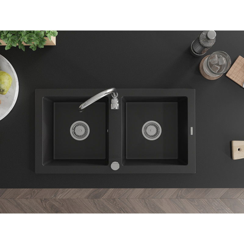 Mexen Mario granieten spoelbak met 2 kamers 820 x 436 mm, zwart, chromen sifon - 6504822000-77