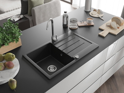 Mexen Bruno granieten spoelbak 1-komorige met afdruiprek 795 x 495 mm, zwart, chromen sifon - 6513791010-77