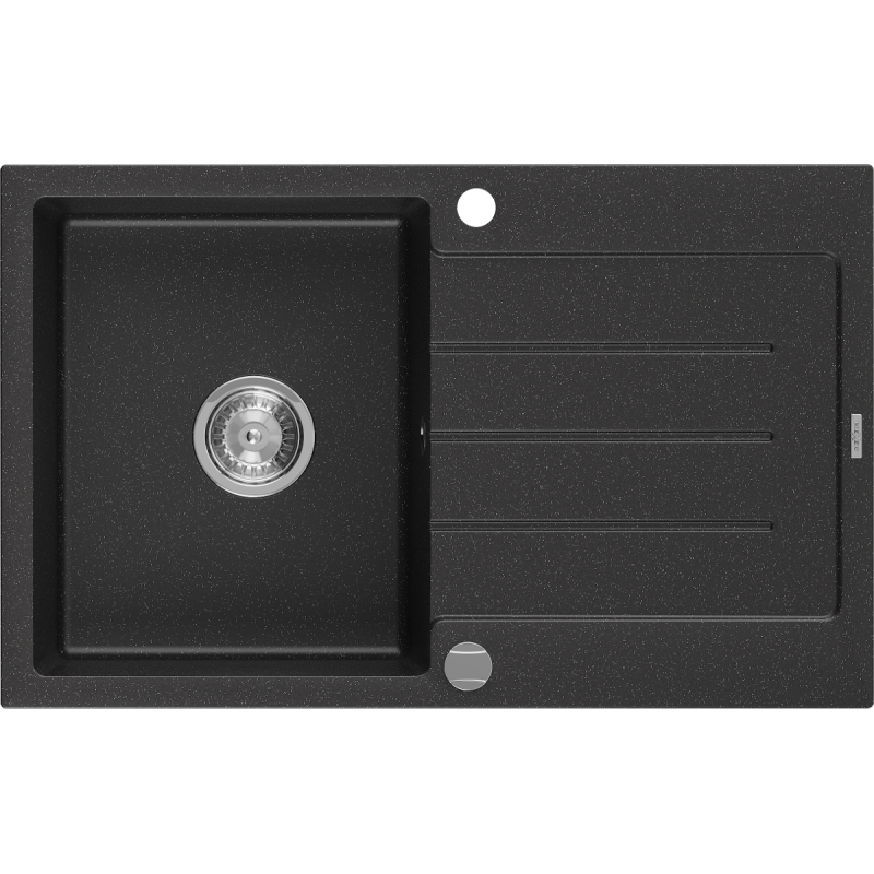 Mexen Bruno fregadero de granito 1-cubeta con escurridor 795 x 495 mm, negro/metalizado plateado, sifón cromado- 6513791010-73