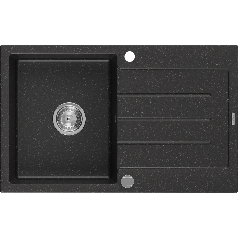 Mexen Bruno lavello in granito 1-vasca con sgocciolatoio 795 x 495 mm, nero/argento metallizzato, sifone cromo- 6513791010-73