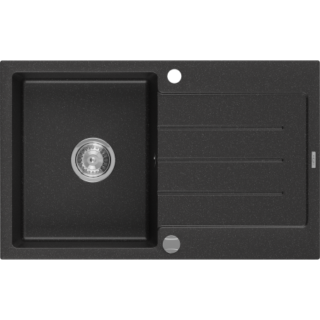 Mexen Bruno fregadero de granito 1-cubeta con escurridor 795 x 495 mm, negro/metalizado plateado, sifón cromado- 6513791010-73